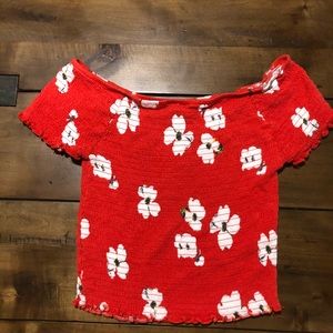 cute red off the shoulder shirt
